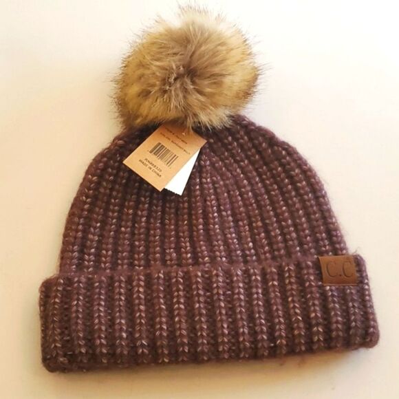NWT C.C BEANIE POM POM WINTER HAT BURGUNDY BROWN HEATHERED FAUX FUR - Picture 1 of 9